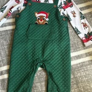 Green Quilted Kids Overalls with Reindeer Design